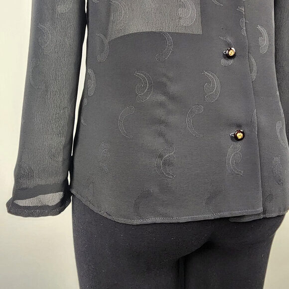 Vintage Black Sheer Neck Tie Back Buttoned Blouse Top Size S - Picture 7 of 9